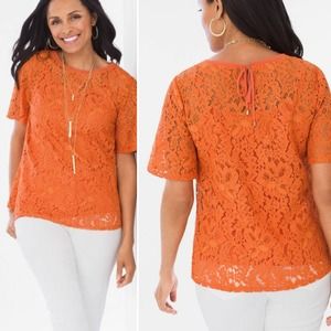 Chico's Foiled Lace Top Orange Tassel Tie Large